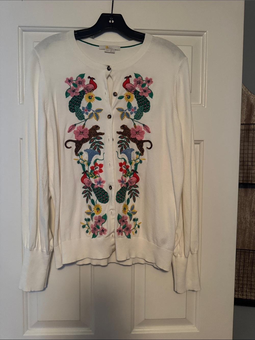 Embroidered Floral & Animal Cardigan Sweater - White